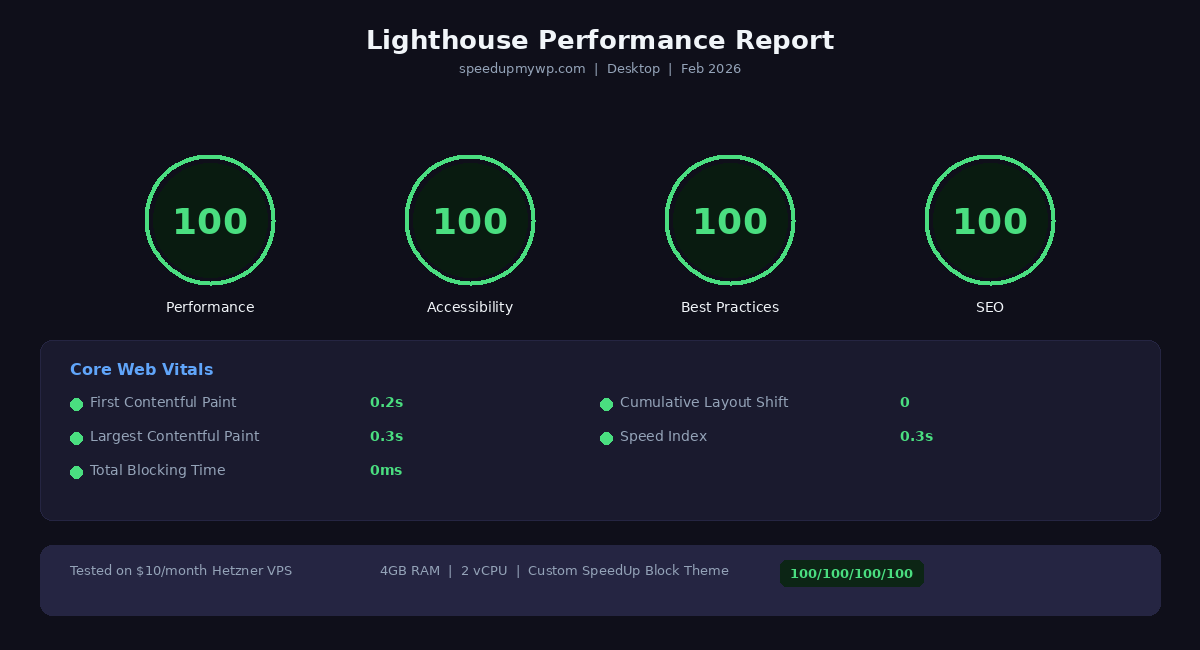 Google Lighthouse scores showing 100 out of 100 across Performance, Accessibility, Best Practices, and SEO categories